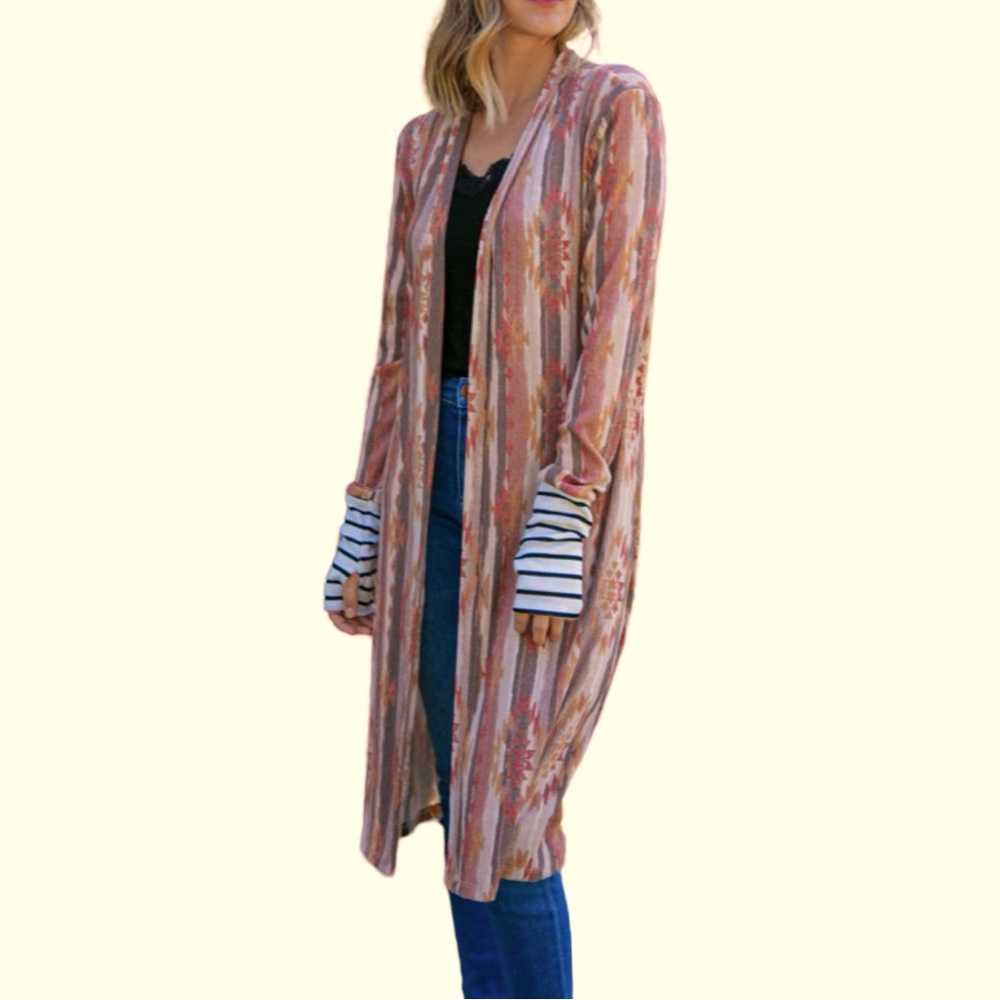 7th Ray Aztec Printed Stripe Sleeve Open Cardigan - Picture 9 of 10